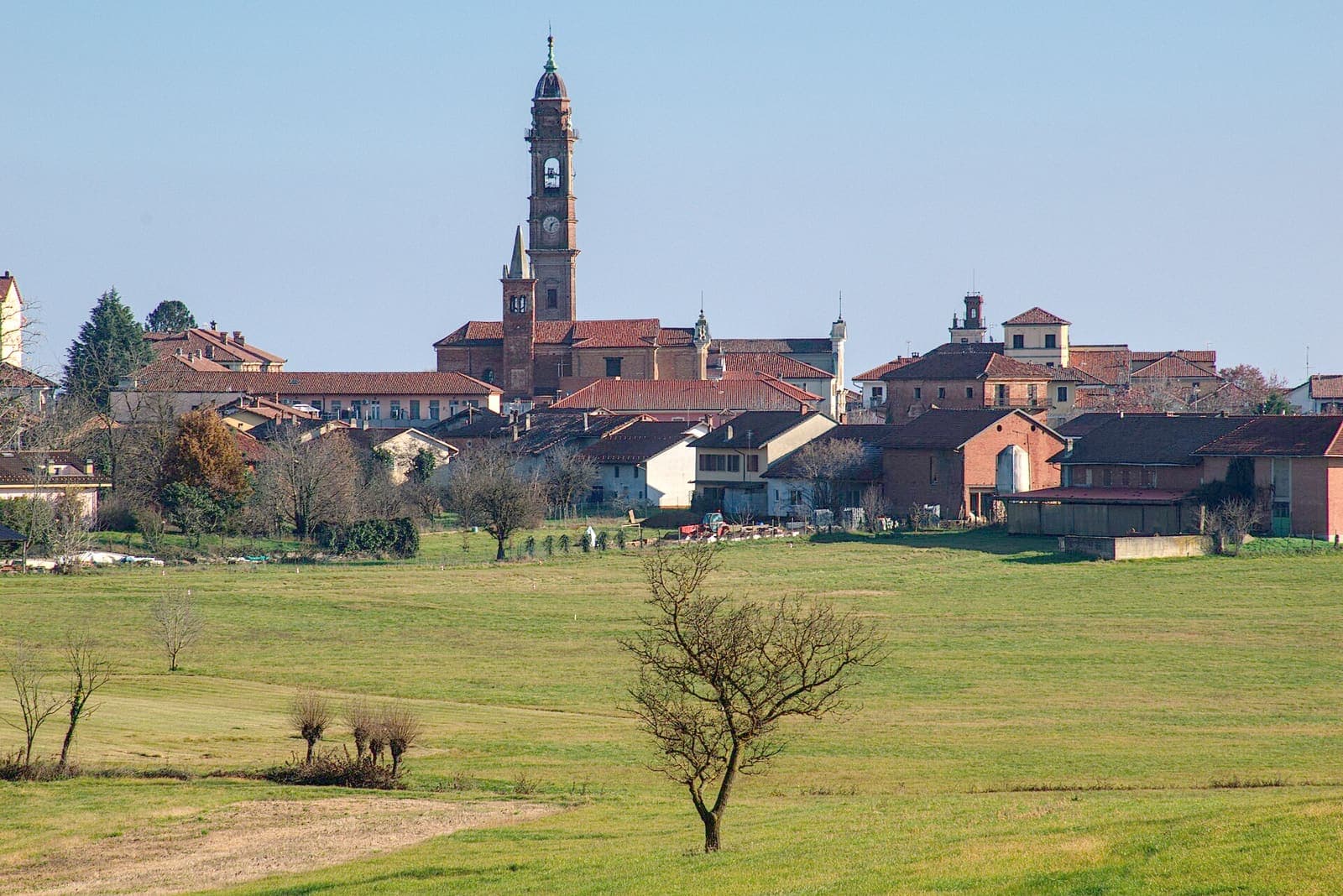 Buttigliera d'Asti con il campanile e le case oltre il prato