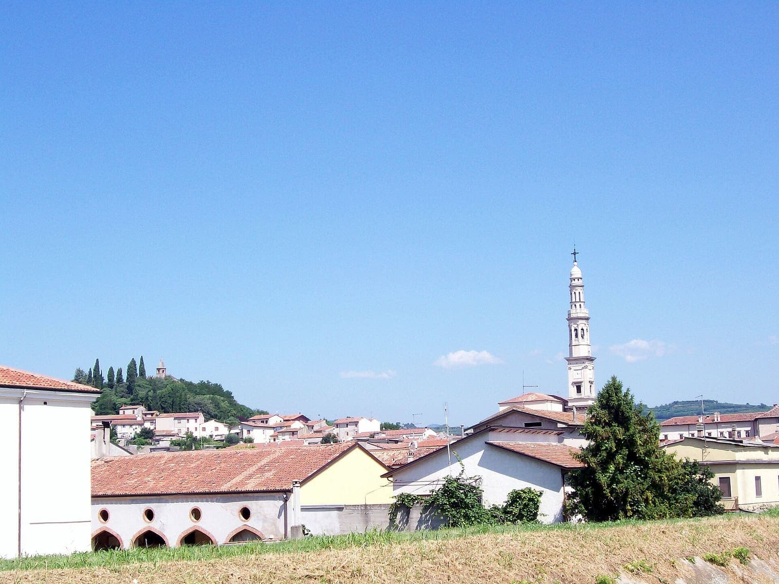 Monteforte d'Alpone con il campanile della parrocchiale e la chiesa di Sant'Antonio Abate sul colle
