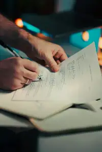 Mani che firmano un documento con una penna, primo piano sulla scrivania